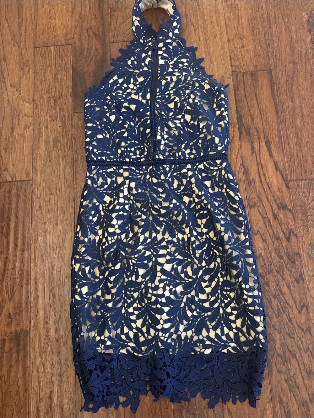 Lulu's Navy Lace Halter Mini Dress with Nude Lining